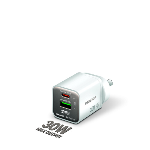 MICRODIA SMARTCube™ Nano 30W Dual Port GaN Wall Charger - White