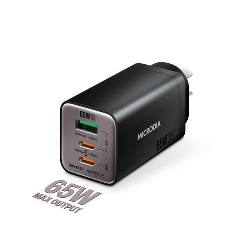 MICRODIA SMARTCube™ Nano 65W Tri Port GaN Wall Charger - Black